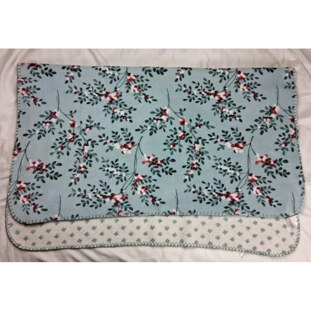 Laura Ashley Coco Plush Baby Blanket Berry Branch Blue Floral Beige 30x40 Soft